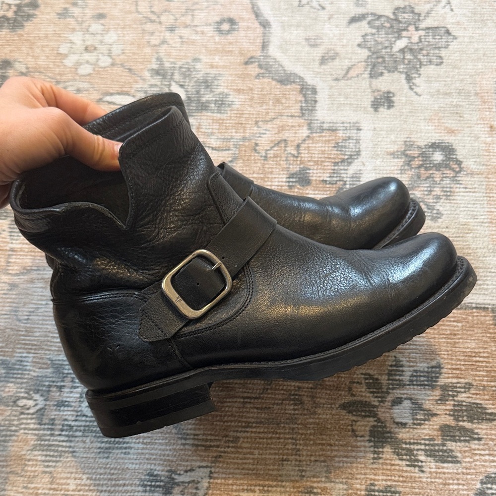 Frye Black Leather Ankle Boots with Buckle